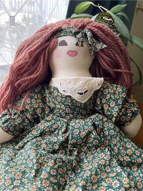 Handmade Floral Rag Doll with Brown Yarn Hair - Green Dress